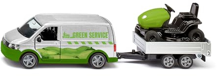 Siku 2005 VW T6 mit Rasentraktor, 1:50, Öffenbare Türen, Anhänger mit Kippfunktion, Gummireifen, Metall-Karosserie, Silber-Grün, Gartenarbeit-Spielzeug-Set