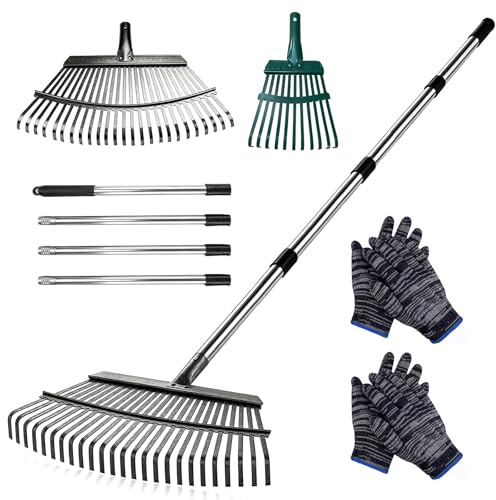 Rechen Garten, Laubrechen mit Stiel Metall mit 25+11 Zinken, Verstellbarer Stiel (70-185 cm), Gartenrechen, Laubfächer für den Garten und zur Bodenbearbeitung