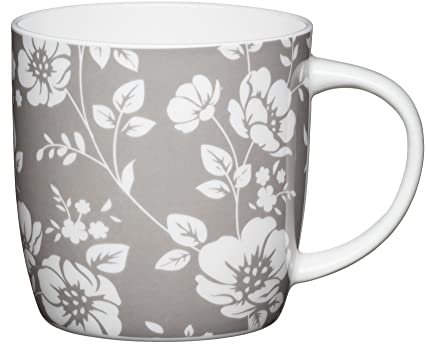 KitchenCraft Fine Bone China 'Grey Floral' Flower-Patterned Barrel Mugs, 425 ml - Grey / White (Set of 4)