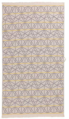 URBANARA Strandtuch Arade - 100% Reine Baumwolle, mit geometrischem Muster und Fransen - 100 x 180 cm, Duschtuch, Handtuch, Badetuch, Saunatuch, Hamamtuch (Zartrosa/Grau/Gelb)