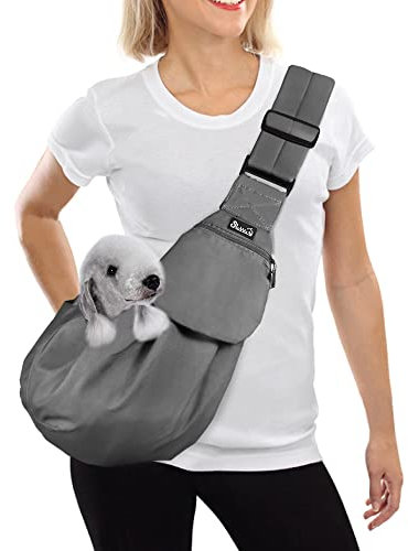 SlowTon Pet Carrier, Doggie Cat Hand Free Sling Carry Dog Papoose Carrie Adjustable Padded Shoulder Strap Tote Bag with Front Pocket Safety Belt Travel (For Pets 5-12lbs,Grey)