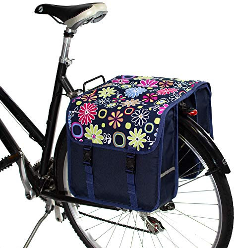 BikyBag Classic – Doppelte Fahrradtasche – 26 L Wasserabweisende Gepäckträgertasche | Fahrradtasche für Pendler & Einkauf(Classic - Rosa Gänseblümchen-Blumen)