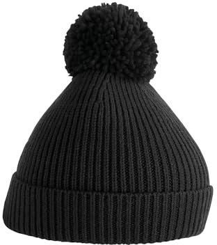 Beechfield B382 Engineered Knit Ribbed Pom Pom Beanie (Black)