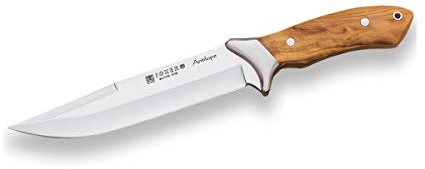 Joker Cuchillo de Cazador Antílope CO02, Enterizo con virola cachas Madera de Olivo y Hoja Recta de 19,5 cm, Funda de Cuero marrón, Herramienta de Pesca, Caza, Camping y Senderismo