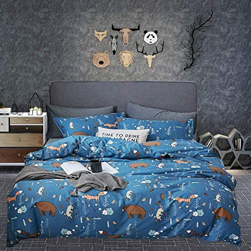 Houseri Blue Bear Doppel-Bettwäsche-Set, 3-teilig, für Kleinkinder, Jungen, Mädchen, Marineblau, Cartoon, Wald, bequem, weich, Kindergeschenk, Fuchs, Kaninchen, Wald, Tiermalerei, atmungsaktiv, dunkle