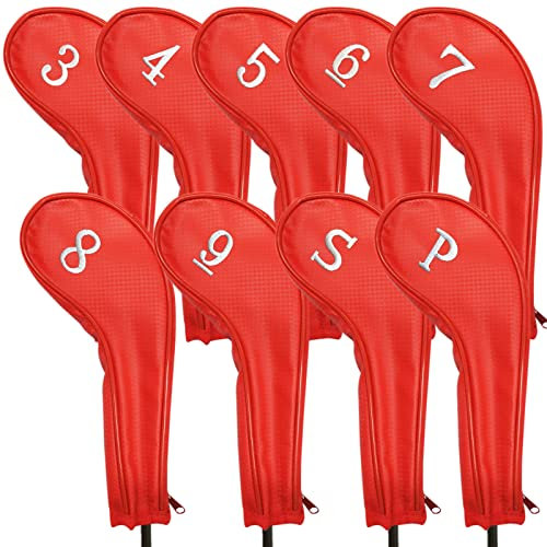 FINGER TEN Golf Iron Head covers Long Neck Number 3 4 5 6 7 8 9 P S, Deluxe Club Headcovers Zippered for Left Right Handed Golfer Fit Iron Clubs (Red)