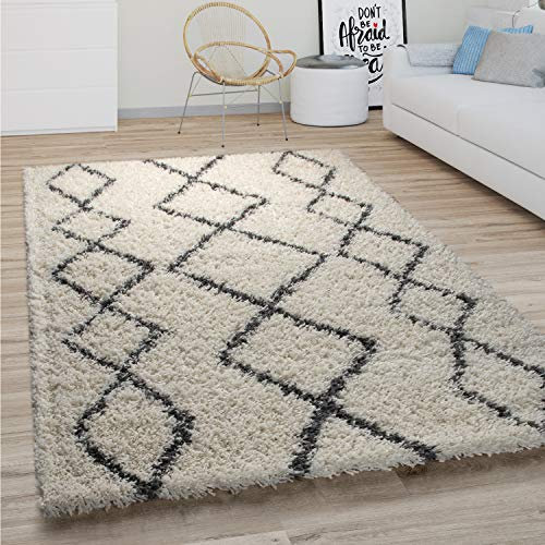 Paco Home Tapis Shaggy Tapis De Salon Poil Long Moderne Boho Scandinave Motif Diamant, Dimension:200x280 cm, Couleur:Crème