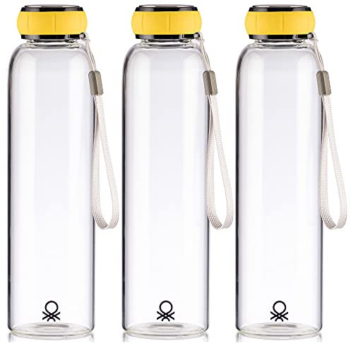 UNITED COLORS OF BENETTON. Set de 3 unidades de botella de agua 550ml borosilicato tapa amarilla Casa Benetton, 550 ml c/u
