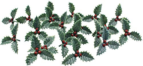 Christmas Holly Leaf Cake topper Decoration Decorating 12 20 50 Pcs Small Plastic holly leaf With 3 Berries Yule Log Topper Cupcake (pack of 12)