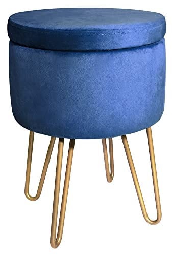 BONTEC Round Velvet Vanity Stool with Storage, Blue Dressing Table Chair with Gold Metal Legs, Soft Ottoman Seat, Shoe Bench & Toy Book Organizer, for Bedroom, Living Room, Hallway, 6.38L Capacity