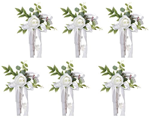 MSUIINT Hochzeitsstuhl-Dekorationen, 6 Stück, Kirchenstuhl, Bank, Kirchenstuhl, Bank, Kirchenbänke, künstliche Blumen mit Bändern, für Hochzeitszeremonie, Weiß