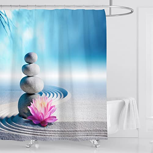 OCEUMACO Rideau de Douche Anti Moisissure Galet Zen Imprimé Rideau Douche Tissu Imperméable Polyester 180x200 cm 3D Orchidee Bambou Rideaux de Douche Baignoire Lavable Machine - Bleu Gris