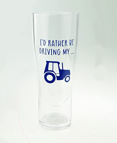I'd Rather be Driving My Tractor with Tractor Design Printed in Blue on Clear Plastic Tumbler Glass Wine Beer. Cycling Bike