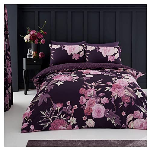 Lions Rose Bedding Set - 3 Piece Purple Double Duvet Cover with Matching Pillowcase, Soft Printed Reversible Poly Cotton floral Quilt Covers, Double Bed, 200x200cm