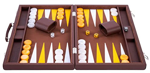 Engelhart - 250525 - Luxus Backgammon Spiel - 18 Zoll (45,5 cm) - Braun - Kunstlederkoffer - Filzeinlage - Perlmutt-Würfel und Steine - Strategiespiel