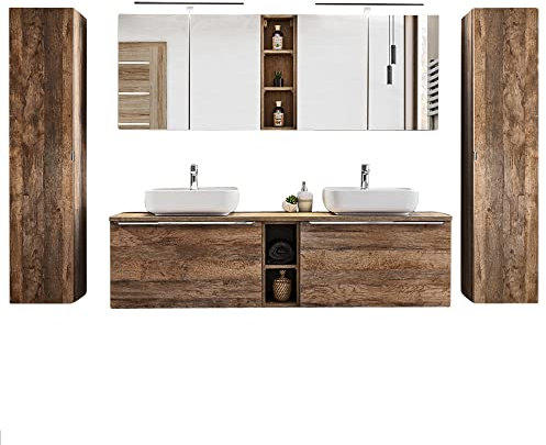 Lomadox Badmöbel Komplett Set Vintage Oak Eiche, 180 cm Waschtisch-Unterschrank mit 4 Softclose-Auszüge, 2 Keramik Waschbecken, Regale, 2 LED-Spiegelschränke, 2 Hochschränke