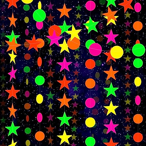 Qpout Neon Paper Garhirlande Cerchio Punti Stelle Appese Streamers Neon Party Bagliore nel Buio Forniture per Feste Appendere Fluorescenti Banner per Il Compleanno Festa in Discoteca