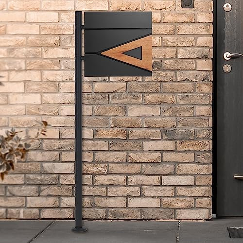 ECD Germany Standbriefkasten mit Zeitungsfach, Design Briefkasten mit Pfosten, Briefkastenanlage, Briefkastenständer 120 cm Anthrazit Edelstahl, Postkasten 37x36,5 cm Anthrazit Natur Eicheoptik Stahl