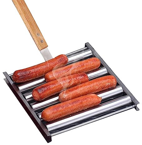 Hot Dog Grill Edelstahl Wurstroller mit Holzgriff für 5 Würstchen Wurstroller für Grill Anti-Verbrühungen Gleichmäßig Erhitzen Würstchen Roller Grillrost für Camping und Familie Outdoor BBQ
