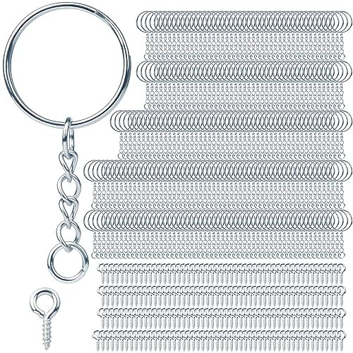 Schlüsselring mit Kette 510 Stück Schlüsselanhänger Basteln Set (255 Schlüsselanhänger Ringe Kette + 255 Schrauböse Pins) Schlüsselringe 25mm für Schlüssel DIY Taschen Schmuckherstellung (Silber)