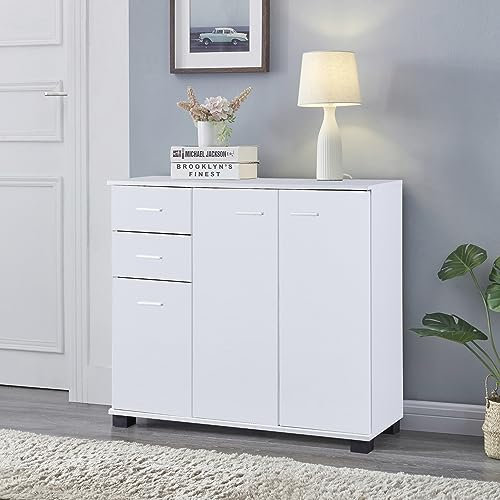 [en.casa] Aparador Crimla con 3 Puertas Mueble Zapatero con 2 Cajones y 1 Estante Interno Regulable en Altura para 5 Pares de Calzados Aglomerado 76 x 80 x 28 cm - Blanco