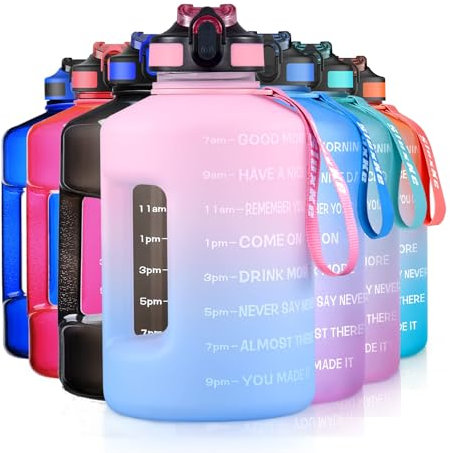 SLUXKE 1,5L Trinkflasche mit Trinkhalm und Zeitmarkierung, 1500 ml Große Sportwasserflasche Griff auslaufsicher für Fitness I Sport I Gym ROSA BLAU