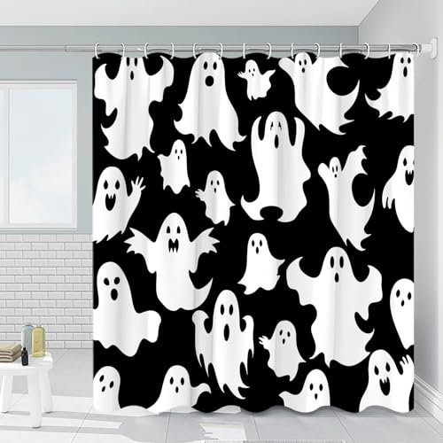 RDRUVA Tenda da doccia con fantasma di Halloween, simpatica e divertente, motivo fantasmi spettrali, per feste horror, per ragazzi e ragazze, decorazione per il bagno con ganci, 178 x 178 cm