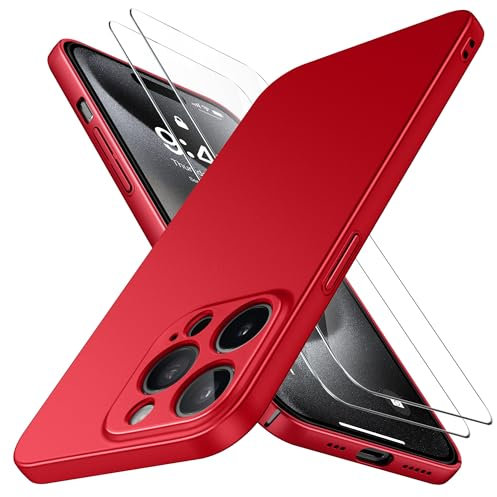 Natiiozie Ultra Dünn Handyhülle Kompatibel mit iPhone 15 Pro Hülle PP Case mit 2 Stück Schutzfolie, Slim Leicht Hartschale mit Voll Kameraschutz Kratzfeste Matt Schutzhülle - Rot