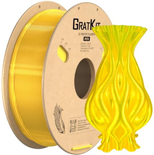 GratKit PETG 3D-Drucker Filament 1,75mm 1kg Spule, 3D-Druck Filament±0,03mm Präzision, Leicht zu drucken, Gleichmäßige Wicklung, Transparent Gelb