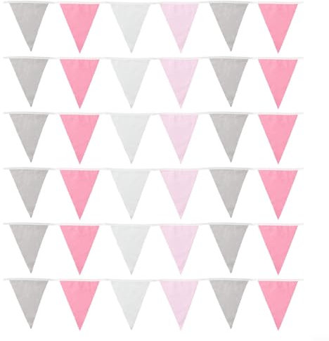 Hasaller Wimpelkette aus Stoff, 10 m lang x 19 x 15 cm, 36 Flaggen, dreieckig, Baumwollstoff, Wimpelkette für Geburtstag, Hochzeit, Babyparty, Party (Rosa, Grau, Weiß)