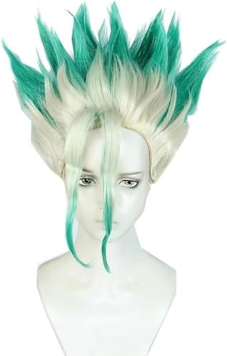 Syedeliso Anime Spiel Cosplay Perücke Dr. Stone Ishigami Senku Perücke Grün Gradient Gold Kurze Perücke Haar Hitzebeständige synthetische Perücken für Halloween Kostüm Party Rolle Play+Perücke Cap