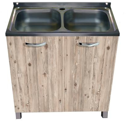 MABEL Mueble bajo fregadero de cocina con nudo organizador de madera ennoblecida con fregadero de apoyo de acero 2 senos – L 80 cm x P 50 cm x H 83,5 cm