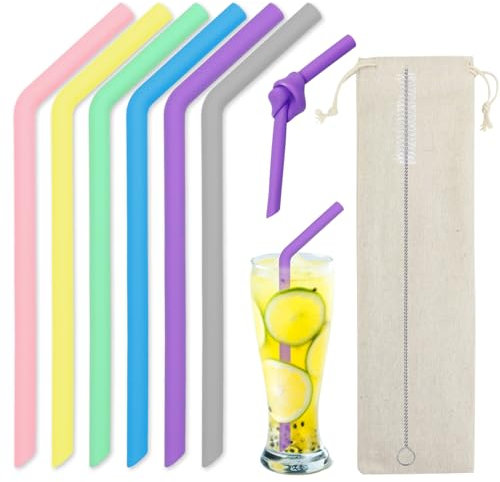 PIWOSGOL 6 Pièces Pailles en Silicone, 26×1cm Multicolores Pailles Réutilisables, Longues Paille Silicone avec Brosse Nettoyage et Pochette, Sans BPA, Paille Bubble Tea pour Enfants et Adultes
