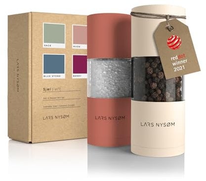 LARS NYSØM Salt and Pepper Grinder Set I Salt and Pepper Mills with Adjustable Ceramic Grinder 2 Pieces I Manual Design Spice Mill Set (Red/Beige)