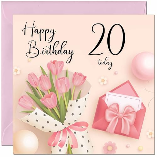 Geburtstagskarte zum 20. Geburtstag für Frauen – rosa Blumen-Geburtstagskarte für 20 Jahre alte Frau, Mutter, Oma, Tante, Tochter, Freund, Nichte, Schwester, Ehefrau, Freundin, Mädchen für sie
