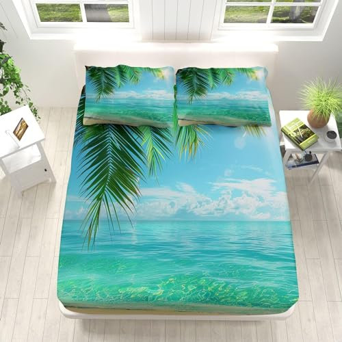 Aozhiswe Spannbettlaken 140x200 Meerblick 3D Spannbetttuch Tropisches Hawaii Bettlaken Set Weiches Mikrofaser Spannbetttücher Tiefe Tasche 30 cm Mit 2 Kissenbezügen 80x80 cm e7249