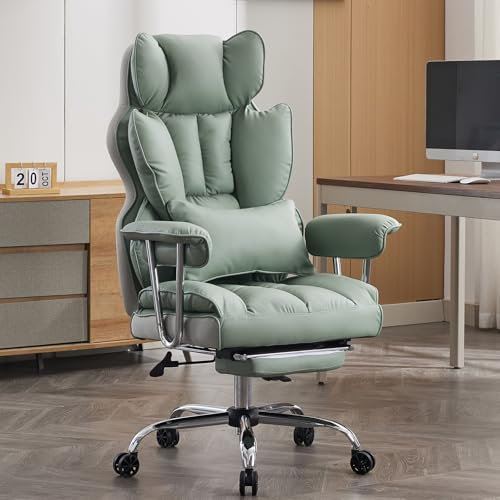 Efomao bürostuhl ergonomisch, PU Leder Chefsessel, bürostuhl 200 kg mit Fußstütze und Lendenwirbelstütze, Verstellbarer Stuhl mit hoher Rückenlehne, hellgrün