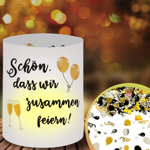 12 Windlicht Tischdeko Set, Schön, Dass Wir Zusammen Feiern + Konfetti Deko Gold 500 Stück, Karneval Deko, Taufe Deko, Hochzeitsdeko, Geburtstagsdeko Frauen Männer, Geeignet für Teelichter/Kerzen