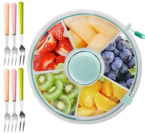 Sporgo Snack Spinner mit Fächern: Snackteller mit Deckel, Snackbox mit vier kleinen Gabeln, Rotierende Kinder Snackbehälter Organizer für Süßigkeiten Veggie Keks Obst, Nüsse Snacks Desserts