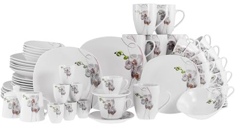 CreaTable, 22536, Serie Square Orchidee, 62-teiliges Geschirrset für 6 Personen, Kombiservice aus Porzellan, spülmaschinen- und mikrowellengeeignet, Qualitätsproduktion