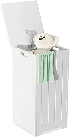 FANTASK Wäschesammler freistehend, Wäschetruhe Holz, Wäscheschrank mit Deckel, Lagerschrank Badezimmer, Weiß