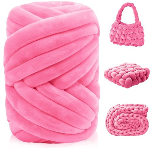 Filato Gigante Filo Cotone Grosso 500g Chunky Yarn Filo Tubolare Grosso Lavabile Lana Grossa per Coperte a Mano per Borse Coperte Cestini Nidi di Animali Domestici Artigianato Fai-da-Te Rosa