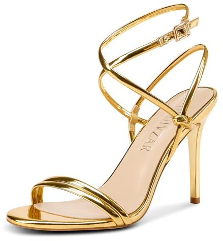 HEUIVZAR Mujer Con tirantes Cordones Aguja Alto High Heel Sandalias Abierta Punta Correa Tobillo Slingback Fiesta Dress Zapatos Verano 10 CM Heels Oro 39 EU