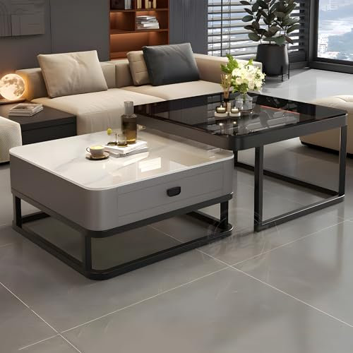 MJKCBD Nesting Coffee Table Set of 2, Stacking End Side Tables with Square Glass and Marble Top, Sofa Tea Table with Storage Drawers for Living Room Home Office
