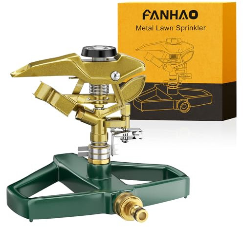 FANHAO Rasensprenger mit Metallsockel, Pulsationssprenger, Impulsprenger zur Bewässerung Flächen bis 540 m², 360° drehbar für große Flächenabdeckung