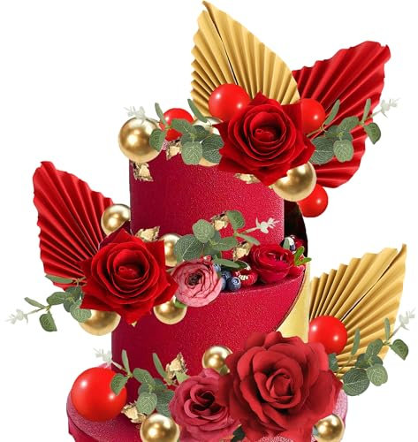 Xsstarmi 30 Pack Red Rose Flowers Cake Topper Artificial Flower Leaves Balloon Palm Fan Cake Pick DIY Valentine's Day Cake Decorations for Wedding Bridal Shower Birthday Valentine's Day Party Supplies
