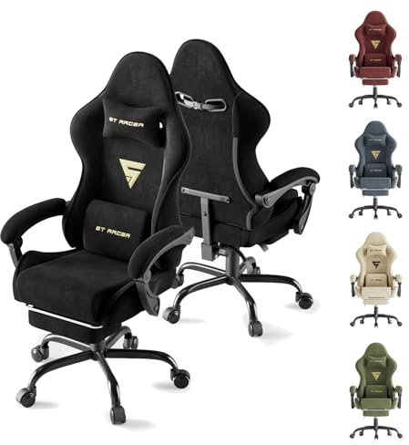 Ferghana Sedia Gaming, Sedia da Gaming Ergonomica Sedia da Gaming in Velluto, Sedia Gamer con Cuscino Lombare Massaggiante, Poggiapiedi, sedia ufficio, Capacità di Peso di 250 Libbre, nero