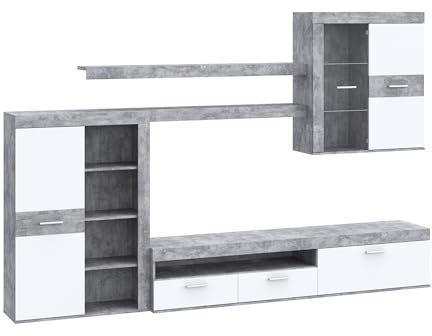 möbelando Wohnwand >Zumba< in Betonoptik Lichtgrau/Weiß bietet modernes Design, viel Stauraum, TV-Platz bis 60 und hochwertige Materialien 300x200,9x41cm (BxHxT)