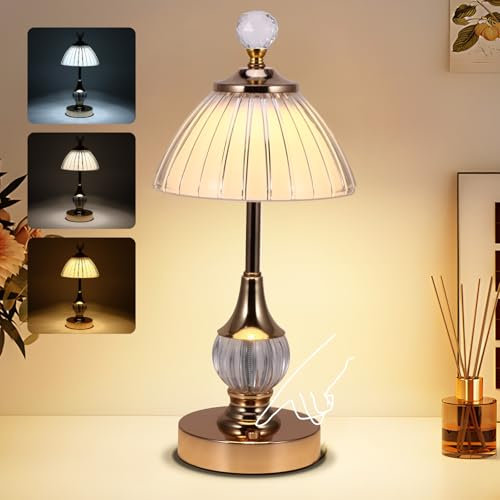 ALLOMN Crystal Table Lamp, Dimmable Touch LED Table Lamp with 3 Colors Modes, Cordless Rechargeable Bedside Lamp Nightstand Lamp Adjustable Brightness for Bedroom Living Room Bar Restaurant