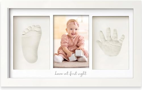 Generisch Baby Hand- und Fußabdruck Set – Bilderrahmen mit Gipsabdruck & Foto – 3-teilig – Geschenk zur Geburt – „Love at First Sight“ Design (Alpinweiß)